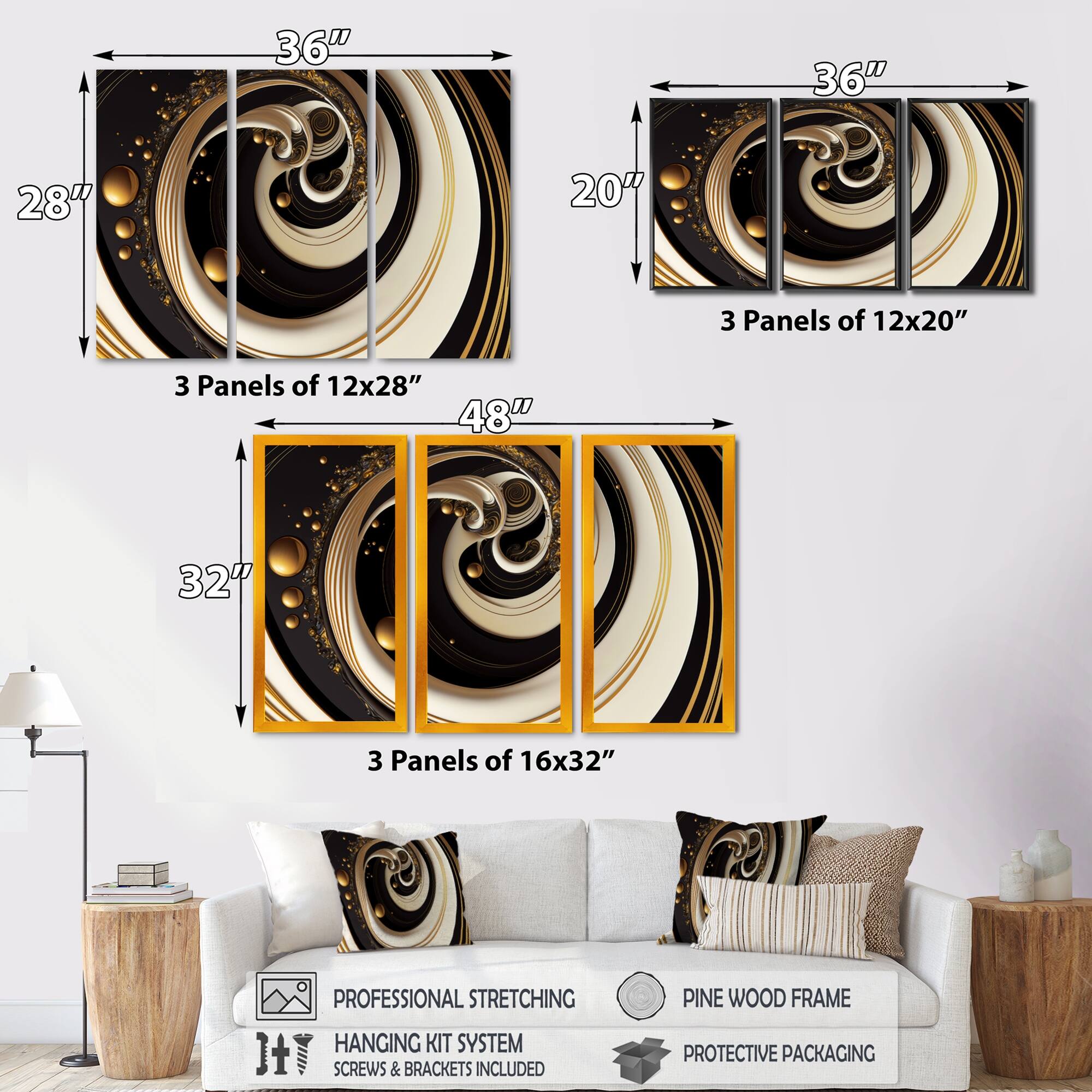 Designart "Black, Silver And Gold Blending Swirls VII" Modern Spiral